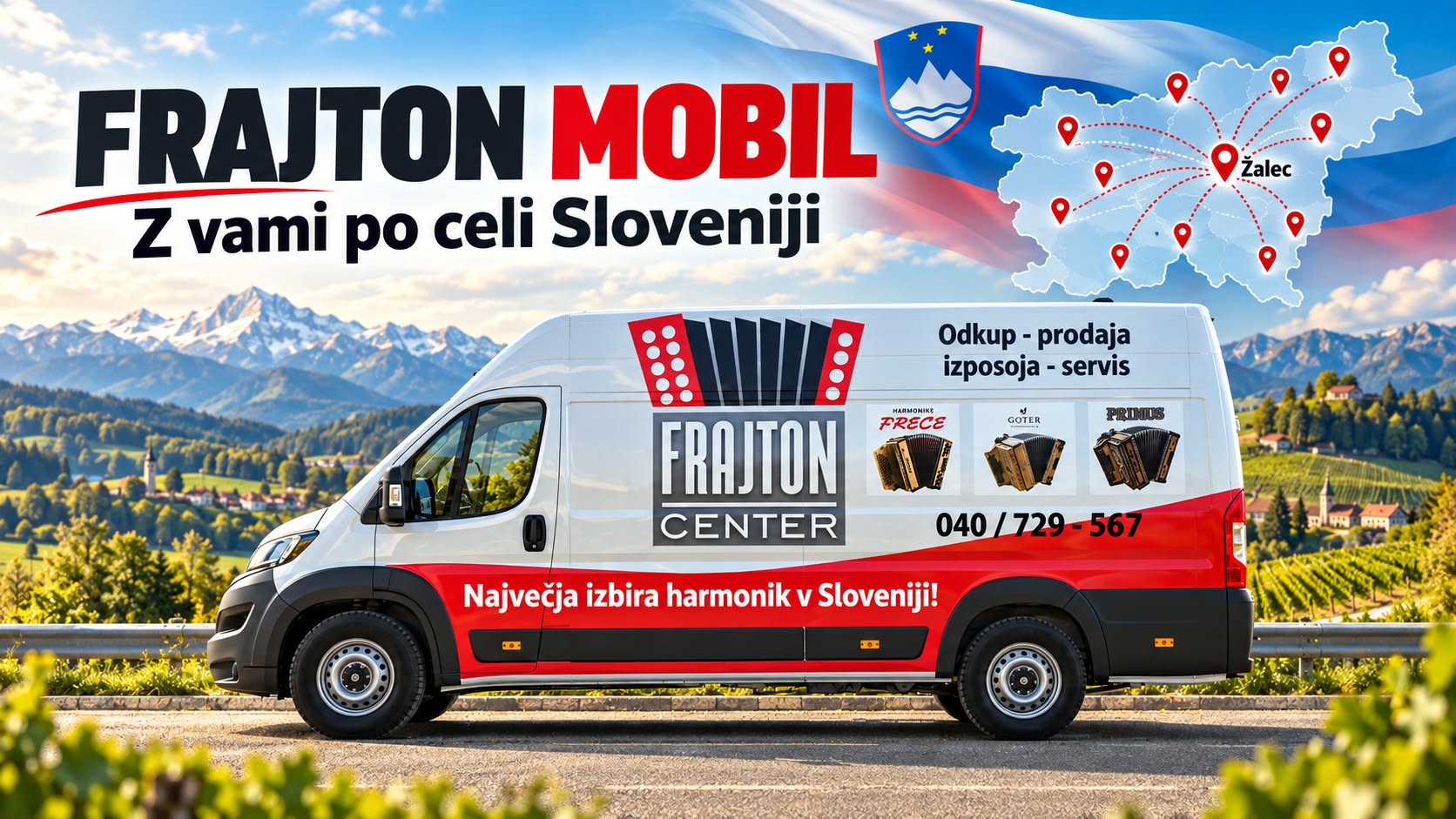 Kombi Frajton Mobil z logotipom Frajton Center – odkup, prodaja, izposoja in servis harmonik po celi Sloveniji